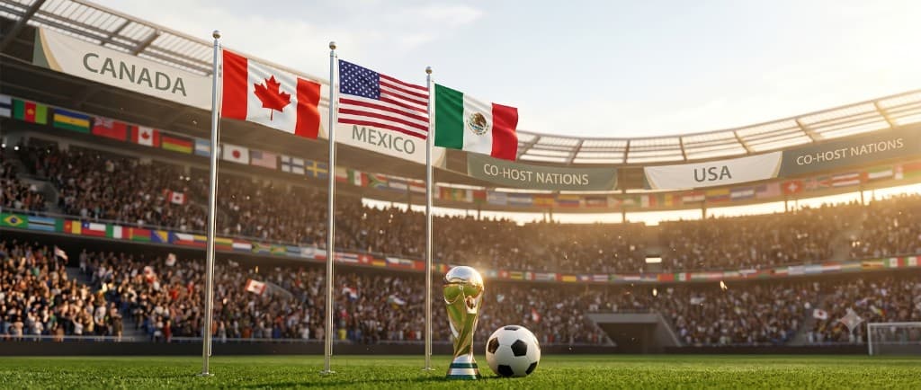 World Cup 2026 stadium with the host nations' flags and the trophy